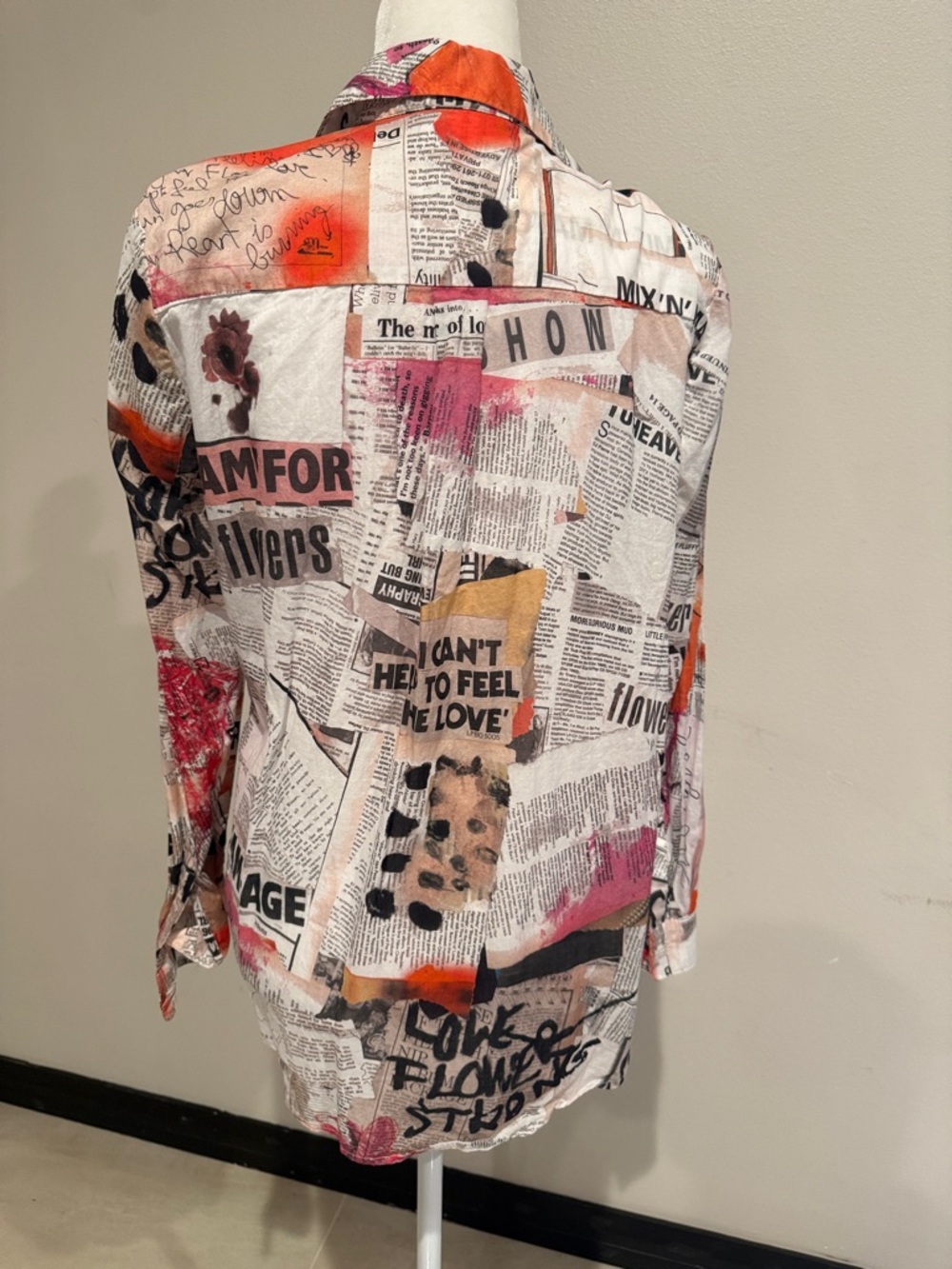 Desigual Newspaper Print Button-Up Shirt with Pink & Red Accents - Picture 3 of 4